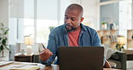 Black man, laptop and credit card with living room, online shopping and ecommerce. Person, computer and payment for review or sales and website for retail, technology and customer on living room sofa