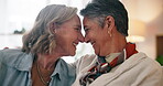 Senior couple, lesbian and embrace in home with smile for romantic commitment, care and connection. LGBTQ women, pride and happy with hug in house for support, trust and love on marriage anniversary