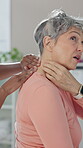 Physiotherapy, senior woman and neck pain for exercise, checkup or wellness for health or fitness. Pensioner, female person and medic for assessment, injury or support in rehab clinic or consultation