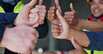 Hands, engineer and team of people thumbs up closeup for quality assurance, excellence or support. Architect, like and gesture for construction project success, building goal and group collaboration