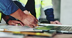 People, blueprint and developer hands for drawing on construction site, maintenance and planning. Employees, support and design layout for building renovation, documents for floor infrastructure