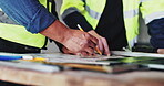 Team, blueprint and contractor hands for drawing on construction site, maintenance and planning. Employees, developers and design layout for building renovation, documents for floor infrastructure