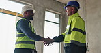 Handshake, engineer and smile for collaboration, site and welcome to business, partnership and team. Construction, thank you and men in property, hands and planning of architect and real estate