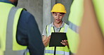 Teamwork, checklist and inspection with man on construction site for project management, property development and building engineering. Architecture, clipboard and contractor with planning update