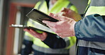 Hand, tablet and design with people on construction site for project management, property development and building inspection. Architecture, technology and digital blueprint with  team for update