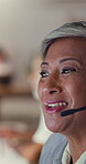 Mature woman, call center and speaking in office, night shift and telemarketing agent. Female person, technical support and consultant for hotline assistance, customer service and operator talking