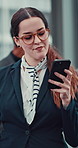 Phone, city and business woman reading email, update or feedback review for project. Mobile, scroll and employee outdoor on internet to download app for research, networking or urban planning online