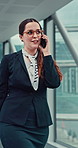 Woman, flight attendant and walking with suitcase on phone call at airport for communication and networking. Female person, employee and smile or happy as air hostess with luggage for traveling