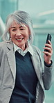 Mature Japanese woman, dancing and office with smile, phone and excited for bonus, salary increase or success. Senior business person, smartphone and happy for notification, deal or funny in corridor