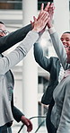 Business people, high five and celebration with support, applause and success in modern office. Collaboration, employees and coworkers with hand gesture, goals and wow with good news and teamwork