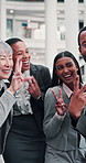 Peace sign, business people and happy in office for selfie, about us and excited for career opportunity. Team diversity, hand V and smile for photography for growth, community and creative networking