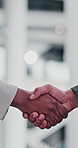 Handshake, agreement and hands of business people in office for teamwork, collaboration and partnership. Corporate, professional and workers for onboarding, career promotion and congratulations