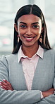 Business, woman and face with arms crossed in office for professional. corporate career or ambition. Investment banker, confident and portrait with smile at work for financial, job or banking service