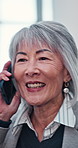 Phone call, walking and Asian woman in office with contact for legislation contract. Communication, business and mature state attorney on mobile discussion for legal civil rights government case.
