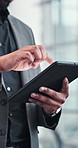 Hands of man, tablet or scroll in office for business, planning or schedule for productivity. Investor, tech or typing in lobby for networking, calendar or browsing investment opportunity in app