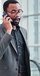 Black man, phone call and talking to contact, office and feedback on financial report and tax preparation. Listening, schedule and planning of meeting, accountant or person with advice for investment