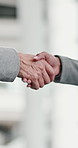 Handshake, meeting and hands of business people in office for teamwork, collaboration and partnership. Corporate, professional and closeup of workers for agreement, career promotion and thank you