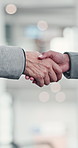 Handshake, hiring and hands of business people in office for teamwork, collaboration and partnership. Corporate, professional and closeup of workers for agreement, career promotion and meeting