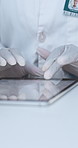 Science, hands and person with tablet for feedback, brainstorming and findings report. Closeup, scientist or typing on tech for investigation, experiment review or research in laboratory for study