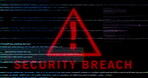 Warning, hacking and hologram with code for cyber security threat to system on black background. Attention, programming and phishing for information technology abstract, icon or symbol for ransomware