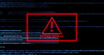 Warning, hacking and hologram code for system with cyber security threat by black background. Attention, programming and phishing for information technology abstract, icon or symbol for ransomware