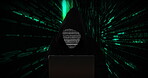 Hacker, laptop and coding hologram with data transfer for binary code, programming security and cybersecurity. Cyberpunk, pattern and cloud computing for malware virus, network system and AI software