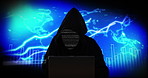 Hacker, laptop and downloading with dashboard for cyber attack, malware or global network destruction. Blackhat, cyberpunk or cracker coding or programming with overlay for cybercrime, data or theft