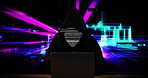 Hacker, laptop and programming with cyber glitch at night for virtual attack, AI malware or data metaverse. Blackhat, cyberpunk or cracker coding with overlay or virus network for digital cybercrime