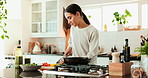 Woman, cooking and cutting vegetables in kitchen for meal prep, health lunch and nutrition of morning breakfast. Chef, wood board and pan for food process, salad ingredients and vegan dinner at house