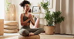 Home, meditation and woman with fitness, yoga and lotus for stress relief in living room. Apartment, person and girl in lounge, wellness and breathing with comfort, workout and balance with chakra