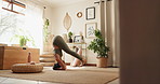 Meditation, yoga and woman in house, wellness and stress relief with morning routine in living room. Healthy person, apartment and girl with posture, flexibility or energy with fitness, chakra or zen