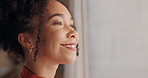 Woman, reflection and smile by window in home, curtains or inspiration to start morning at apartment. Girl, person and happy for vision, perspective and thinking for idea, excited or insight in house