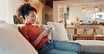 Couch, woman and notification with smartphone for chat, text message and communication with contact. Home, female person and cellphone with mobile app for scroll, share reel and relax in apartment