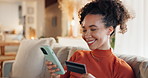 Woman, smile and credit card with phone on sofa for ecommerce, platform and digital subscription. Home, person and fintech with transaction for online banking, purchase and verification of payment