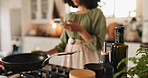 Phone, woman and kitchen with recipe on social media post for detox, eating and weight loss. Stove, food and breakfast with mobile, text and nutrition with breakfast and online in home with tech