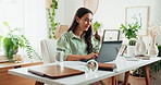 Desk, laptop and smile with business woman in office of design agency for creative inspiration. Administration, computer and email with happy employee in workplace for research as web designer