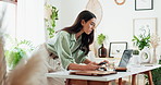 Woman, smartphone or laptop with plants in office for blog post review, check magazine article or garden writer. Eco friendly small business, tech or scroll for web story on biodiversity conservation