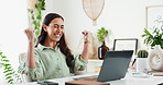 Happy, business woman and winning with laptop for good news, celebration or promotion at office. Excited, female person or employee with fist pump on computer for deal, order or sale at workplace