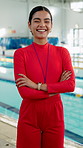 Face, woman and teacher for swimming sport of fitness class, aquatic learning and water exercise at pool. Female coach, arms crossed and swimmer safety with wellness performance for teaching lesson