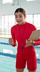 Pool, water and coach with clipboard, talking and woman with rules, safety and lesson for guidelines. Confident, speaking and person with checklist, instructor and trainer for swimming and proud