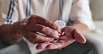 Pills, hands and senior woman with medicine for treatment of parkinsons, tremors or sickness. Healthcare, illness and closeup of female person with tablets medication for healing in retirement home.