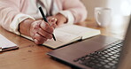 Senior, hands and writing in book in home with reminder, planner and checklist for dementia or memory loss. Alzheimers, person or laptop with notebook for journal, diary or notes to remember at table