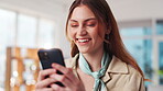 Creative agency, woman and smile with phone for chat, reading and online communication with contact. Female person, designer and laughing with mobile app for joke, comment and social media in office
