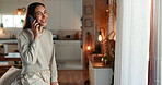 Laughing, phone call and happy woman talking to contact for comedy story, gossip update or joke in home. Mobile, smile and girl listening to funny conversation, news or communication in living room