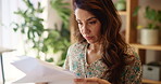 Thinking, reading and woman in office with contract, paperwork or research ideas in project report. Documents, planning and girl at desk checking budget proposal, notes or review of business decision