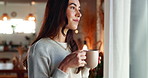 Aroma, window and coffee with woman in living room of house for morning routine, vision and idea. Relax, peace and memory with person and tea cup at home for wake up, inspiration and reflection