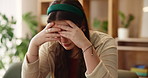 Stress, book and studying with woman in living room for education, college application and scholarship. Deadline, tired and frustrated with student at home for headache, University and mental health 