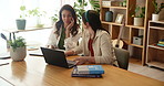 Mother, daughter and talking with laptop in home for university project, learning support and thesis advice. Family, woman or girl with conversation in living room for assistance with education task