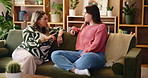 Woman, mature mother and talking on couch, relax and bonding with reunion, memory and story in family home. People, mom and daughter with chat, conversation and listening with connection at apartment