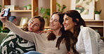 Women, senior mother and selfie on sofa for smile, bonding and hug for happy memory at family home. Sisters, mom and daughter with photography, connection and profile picture with reunion in house